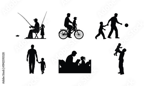 Father son activities silhouette vector illustration fishing cycling playing ball reading