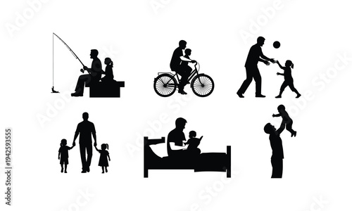 Fatherhood activities silhouette vector illustration collection of common family routines