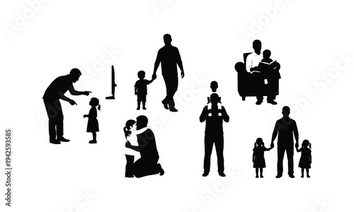 Father's day vector silhouette illustration set, line art, dad and children activities