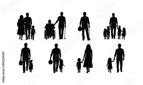 Full length family silhouettes set walking and standing vector illustration and line art