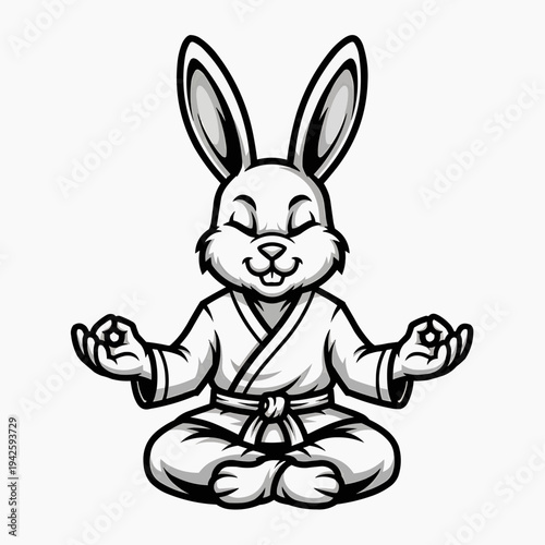 Meditating Karate Rabbit Mascot in Zen Lotus Pose Illustration