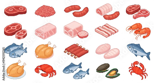 Assorted Seafood and Meat Products Display.