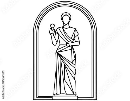 Minimalist geometric line art illustration of a Greek goddess statue holding a torch standing inside an arched frame, elegant classical mythology vector design on white background.