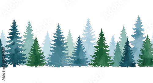 Winter Forest Border: Evergreen Trees in Blue and Green Hues on White Background