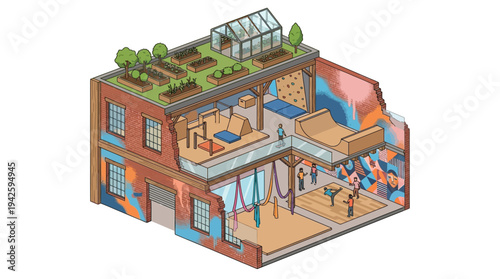 Isometric Urban Community Center with Rooftop Garden, Skate Park, and Indoor Climbing Wall for Youth Recreation