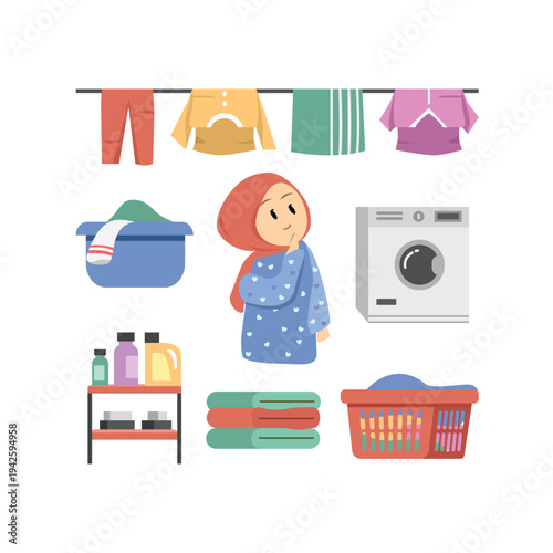 Muslim Woman Doing Laundry at Home. Landry sticker set. Collection of laundry sticker. Washing machine. Washing clothes. Laundry basket.