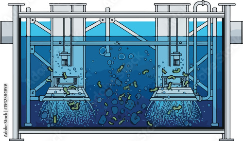 An illustration of two industrial machines operating underwater with yellow objects and bubbles around them in a large tank.