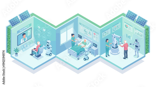 Isometric Smart Hospital with AI Robots, Telehealth, and Solar Energy - Future Healthcare Technology and Medical Innovation Concept