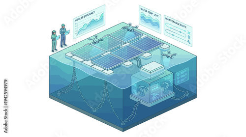 Isometric Floating Solar Farm with Engineers Monitoring Renewable Energy Technology and Data Analytics Dashboard