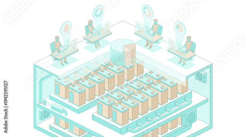 Isometric Data Center with Cloud Computing Infrastructure and Remote IT Professionals Managing Server Network Operations