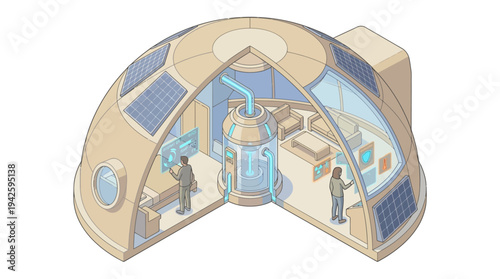 Isometric Futuristic Eco Home Interior with Solar Panels and Smart Technology, Sustainable Living Concept, Clean Energy Innovation, 3D Cutaway Illustration