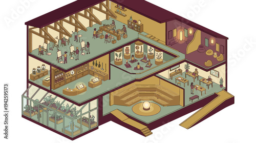Isometric Creative Coworking Space with Diverse Professionals Working in Modern Shared Office, Collaborative Team Environment, Warm Retro Color Palette, Cutaway Architecture Illustration
