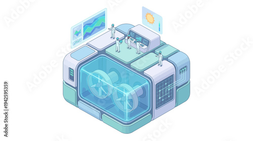 Isometric Renewable Energy Research Lab with Scientists Monitoring Solar and Wind Power Technology, Clean Energy Innovation Concept