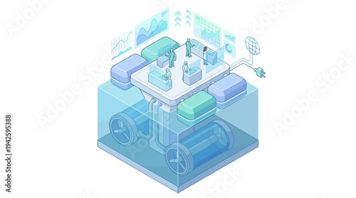 Isometric Data Center with Business Team Analyzing Analytics Dashboard, Cloud Computing Infrastructure, Digital Transformation Technology, Blue Green Tech Illustration