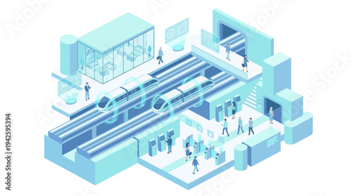 Isometric Smart Train Station with Futuristic High-Speed Rail, Digital Passengers, and Automated Transport Hub in Blue Monochrome Design