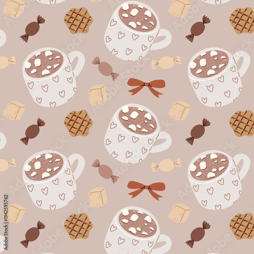 Seamless pattern with hot chocolate mugs, sweets, cookies and marshmallows. Hand drawn vector illustrations