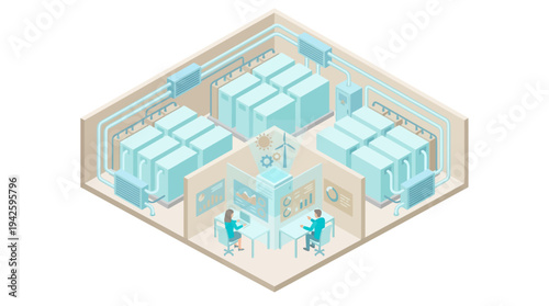Isometric Data Center Control Room with Engineers Monitoring Green Energy Servers, Sustainable Technology Infrastructure, Cloud Computing Network Operations