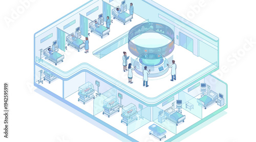 Isometric Hospital Interior with Medical Team Around Advanced MRI Scanner, Healthcare Technology, Modern Clinic Design, Doctors and Nurses in Medical Facility, Health Innovation