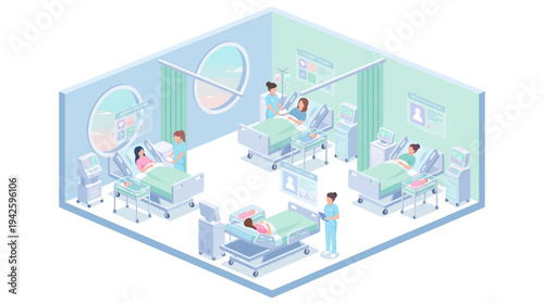 Isometric Hospital Ward with Medical Staff Caring for Patients, Modern Healthcare Technology and Equipment, Clean Blue Green Medical Interior