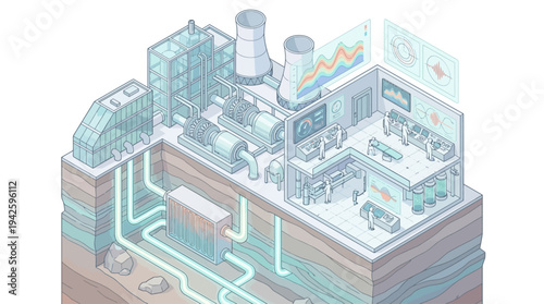 Isometric Geothermal Power Plant Cross-Section with Scientists Monitoring Clean Energy Production Underground Technology