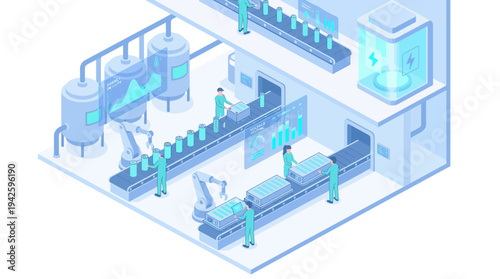 Isometric Smart Factory with Robotic Automation and Workers Monitoring AI-Powered Manufacturing Production Line in Modern Industrial Facility with Data Analytics Dashboard