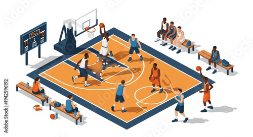 Basketball Players on Court Training.