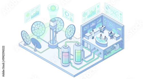 Isometric Renewable Energy Research Laboratory with Scientists Monitoring Solar Power Data Analytics and Sustainable Technology Innovation