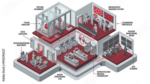 Isometric Medical Research Laboratory with Scientists Working in Advanced Healthcare Facility, Biotech Innovation and Pharmaceutical Development Concept