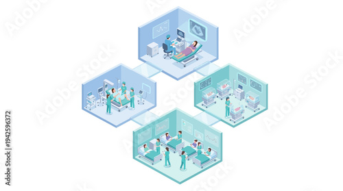 Isometric Hospital Medical Departments with Doctors Nurses Patients Surgery Maternity Emergency Room Healthcare Interior Vector Illustration
