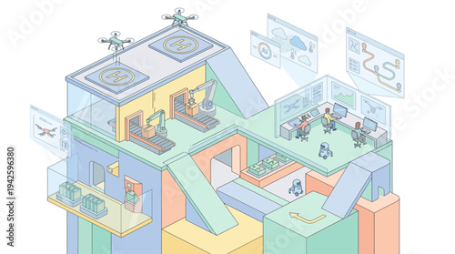 Isometric Smart Warehouse with Drones Robotic Automation and Data Analytics Dashboard, Futuristic Logistics Technology Illustration