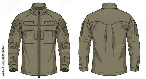 Olive Green Tactical Jacket - Front and Back View Illustration.
