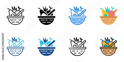 Native produce baskets icons set multiple style collection. Editable stroke 
