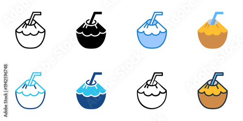 Fresh coconut stand icons set multiple style collection. Editable stroke 
