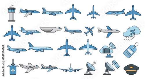 Collection of Aviation Icons - Airplanes, Control Tower, and Weather Elements.