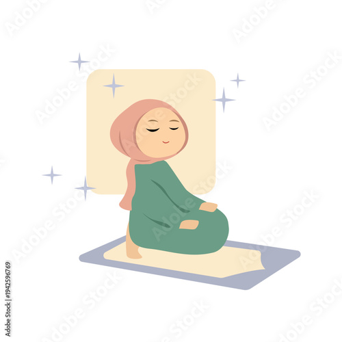 Peaceful Muslim Woman Praying on a Mat. Islamic Woman Praying Cartoon. Muslim Woman Praying Sticker.
