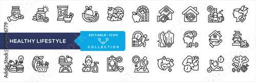 Healthy Lifestyle Icon Collection for Nutrition Fitness Wellness Habits and Preventive Healthcare
