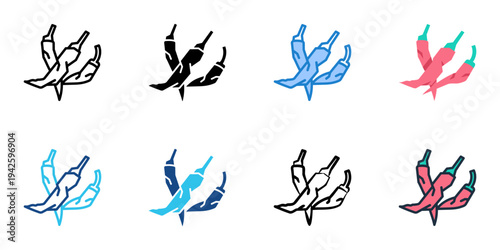 Sun-dried chili bundles icons set multiple style collection. Editable stroke 
