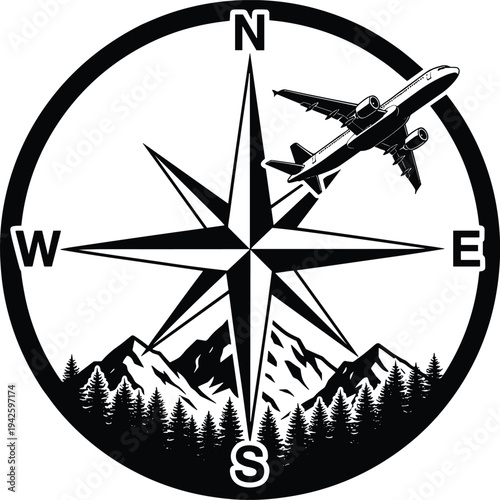 Compass rose with airplane flying over mountain forest landscape silhouette, navigation travel adventure concept, aviation direction symbol vector illustration isolated design ✈️🧭