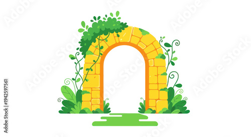Fantasy Yellow Stone Archway Covered in Green Plants and Vines