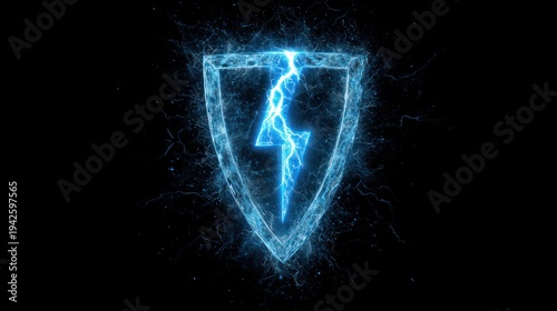 Abstract electric shield illustration with lightning bolt on black background