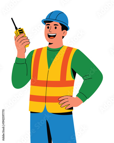 A cartoon construction worker wearing a hard hat and safety vest holds a walkie-talkie.