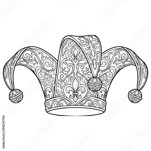 Intricately designed jester's hat with ornate patterns and decorations