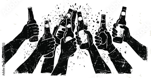 Hands holding beer bottle in sketch style. Cheers concept. Vector.
