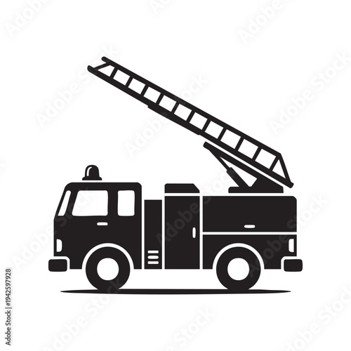 Emergency Rescue Fire Truck Ladder Vehicle Transportation Concept Icon Symbol Vector Silhouette Graphic Flat Design Black and White Clean Simple Element