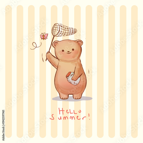 Cute adorable bear playing with butterfly kawai hand drawn retro vintage character vector illustration. Funny bear for kids isolated on background.