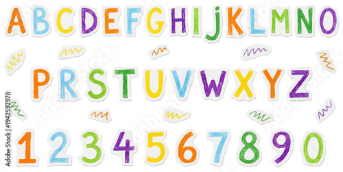 Colorful hand drawn letters A through Z and numbers 0 through 9 are displayed in rows with small colorful scribbles scattered around them alphabet education learning kindergarten
