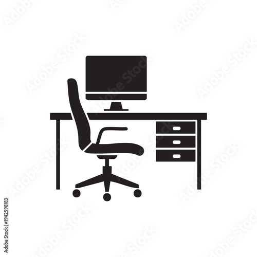 Modern Office Desk and Ergonomic Chair Workspace Computer Setup Minimalist Black Silhouette Vector Illustration Professional Work Environment Remote Workstation Business Furniture Equipment Home