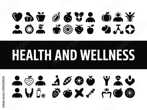 A graphic illustration representing health and wellness with various icons and symbols on a white background