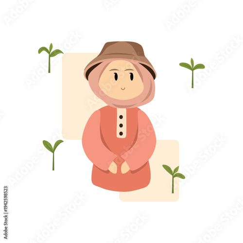 Young Woman Gardener in Hijab Flat Illustration. Islamic Muslim Woman Character Sticker. Cute Hijab Girl Sticker Design. 