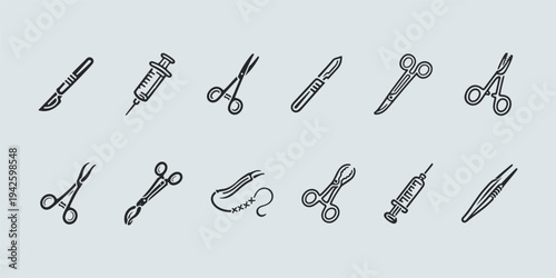 Essential Surgical Tools and Medical Instruments Line Art Set